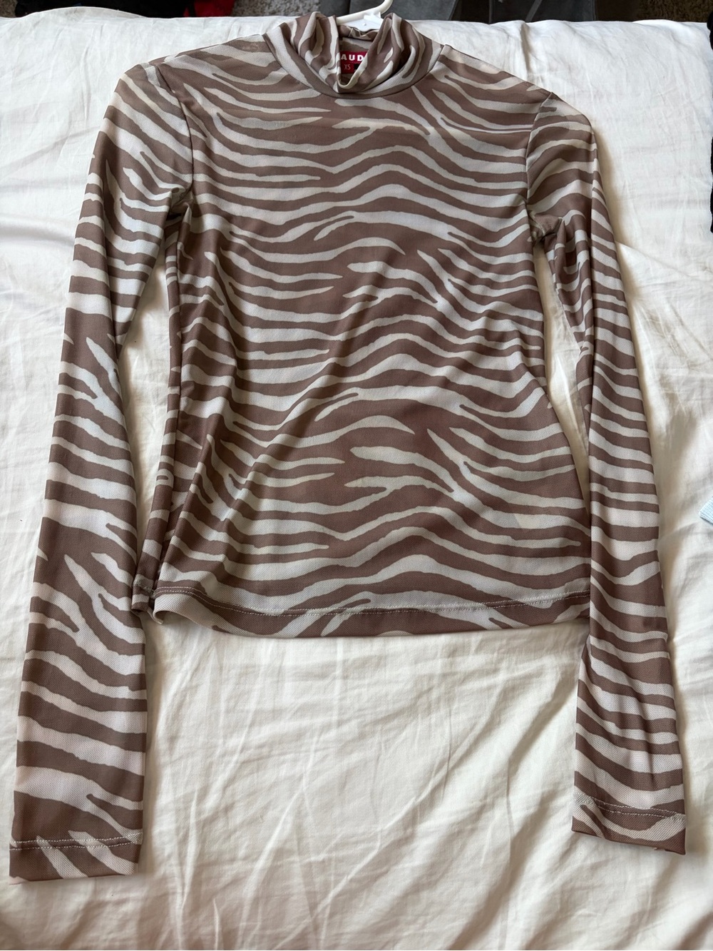 STAUD Brown and Cream Zebra-Print Long-Sleeve Mock Neck Top